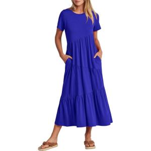 ANRABESS Women Summer Maxi Dress Short Sleeve Swing Casual Asymmetric Tiered Vacation Long Beach Sundress Outfits(Royal Blue)