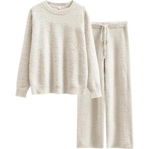 ANRABESS Women’s Fuzzy Fleece Pajama Sets 2 Piece Outfits Long Sleeve Top Wide Leg Pants Lounge Matching Set 2025 Fall Winter(Beige)