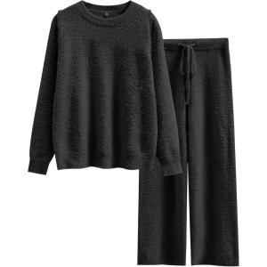ANRABESS Women’s Fuzzy Fleece Pajama Sets 2 Piece Outfits Long Sleeve Top Wide Leg Pants Lounge Matching Set 2025 Fall Winter(Black)