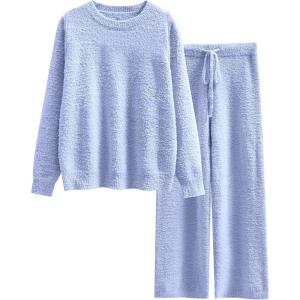 ANRABESS Women’s Fuzzy Fleece Pajama Sets 2 Piece Outfits Long Sleeve Top Wide Leg Pants Lounge Matching Set 2025 Fall Winter(Blue)