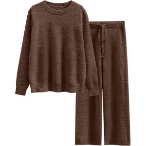 ANRABESS Women’s Fuzzy Fleece Pajama Sets 2 Piece Outfits Long Sleeve Top Wide Leg Pants Lounge Matching Set 2025 Fall Winter(Brown)