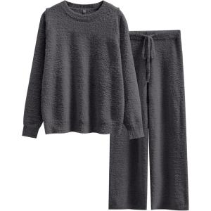 ANRABESS Women’s Fuzzy Fleece Pajama Sets 2 Piece Outfits Long Sleeve Top Wide Leg Pants Lounge Matching Set 2025 Fall Winter(Deep Gray)