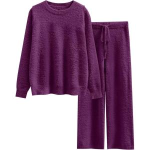 ANRABESS Women’s Fuzzy Fleece Pajama Sets 2 Piece Outfits Long Sleeve Top Wide Leg Pants Lounge Matching Set 2025 Fall Winter(Deep Viole)