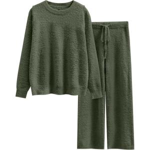 ANRABESS Women’s Fuzzy Fleece Pajama Sets 2 Piece Outfits Long Sleeve Top Wide Leg Pants Lounge Matching Set 2025 Fall Winter(Lawn Green)
