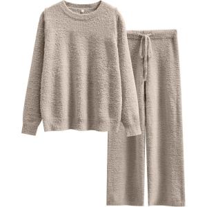 ANRABESS Women’s Fuzzy Fleece Pajama Sets 2 Piece Outfits Long Sleeve Top Wide Leg Pants Lounge Matching Set 2025 Fall Winter(Light Khaki)