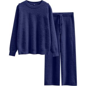 ANRABESS Women’s Fuzzy Fleece Pajama Sets 2 Piece Outfits Long Sleeve Top Wide Leg Pants Lounge Matching Set 2025 Fall Winter(Navy Blue)