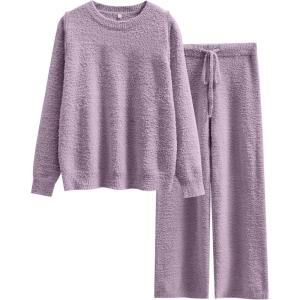 ANRABESS Women’s Fuzzy Fleece Pajama Sets 2 Piece Outfits Long Sleeve Top Wide Leg Pants Lounge Matching Set 2025 Fall Winter(Purple)