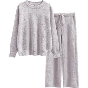 ANRABESS Women’s Fuzzy Fleece Pajama Sets 2 Piece Outfits Long Sleeve Top Wide Leg Pants Lounge Matching Set 2025 Fall Winter(Purple Grey)