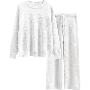 ANRABESS Women’s Fuzzy Fleece Pajama Sets 2 Piece Outfits Long Sleeve Top Wide Leg Pants Lounge Matching Set 2025 Fall Winter(White)