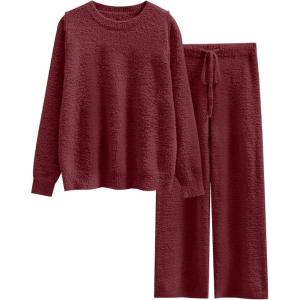 ANRABESS Women’s Fuzzy Fleece Pajama Sets 2 Piece Outfits Long Sleeve Top Wide Leg Pants Lounge Matching Set 2025 Fall Winter(Wine Red)
