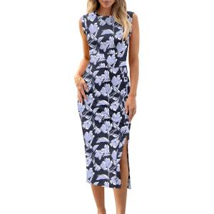 ANRABESS Womens Slim Fit Tank Dresses Sexy Button Slit Bodycon Business Work Sundresses 2025 Summer Trendy Club Midi Dress(Blue Flower)