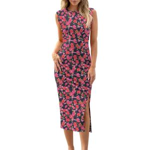 ANRABESS Womens Slim Fit Tank Dresses Sexy Button Slit Bodycon Business Work Sundresses 2025 Summer Trendy Club Midi Dress(Rose Red Flower)