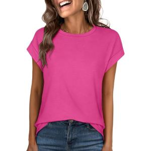 ANRABESS Womens Tops Summer Cap Sleeve Basic Tee Shirts 2025 Trendy Loose Fit Casual Dressy Business Work Tshirts Clothes(Hot Pink)