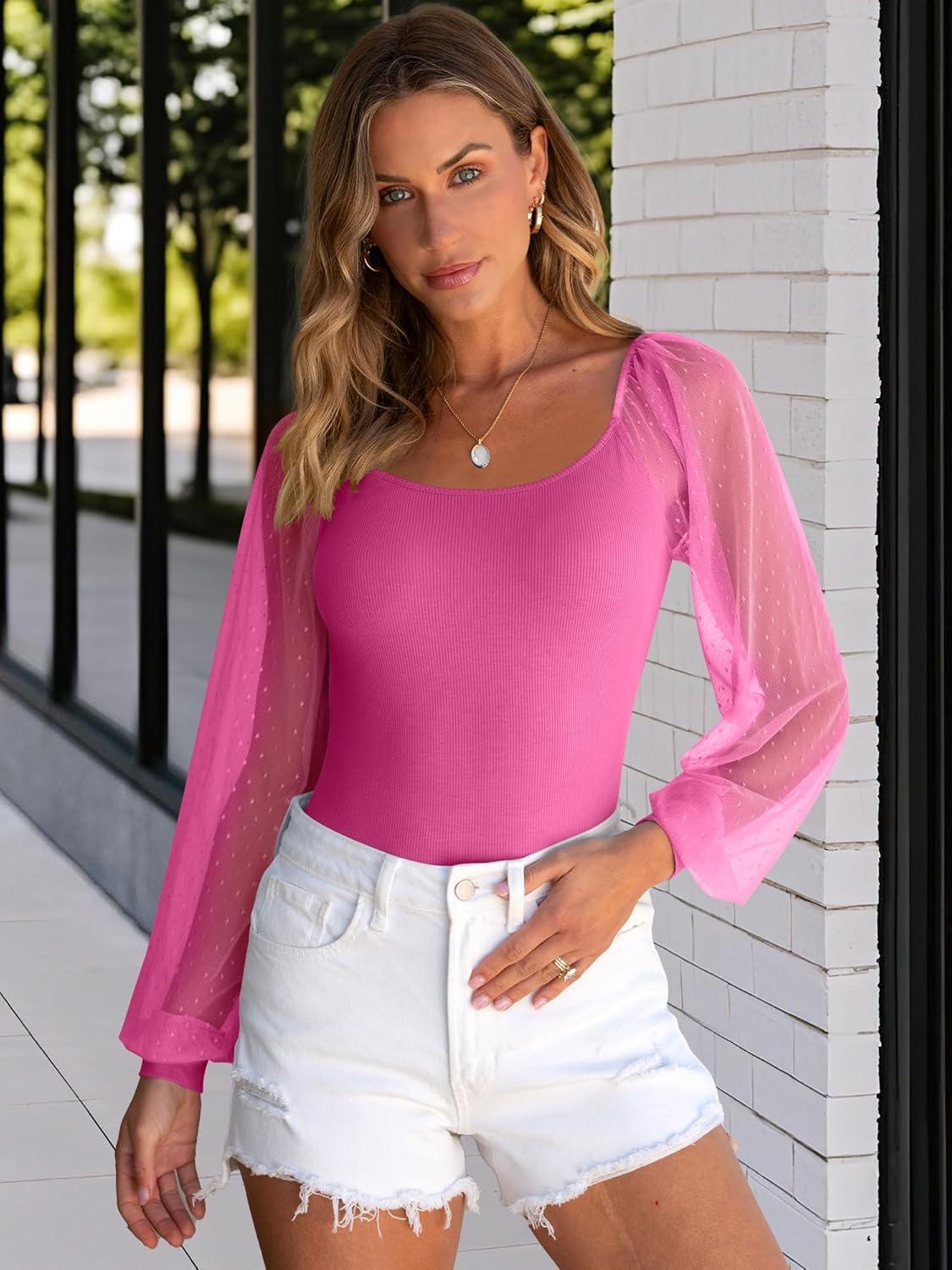 imageANRABESS Women Mesh Long Sleeve Shirts Dressy Casual Blouses Square Neck Ribbed Slim Tops Going Out Date Night Fall OutfitsHot Pink