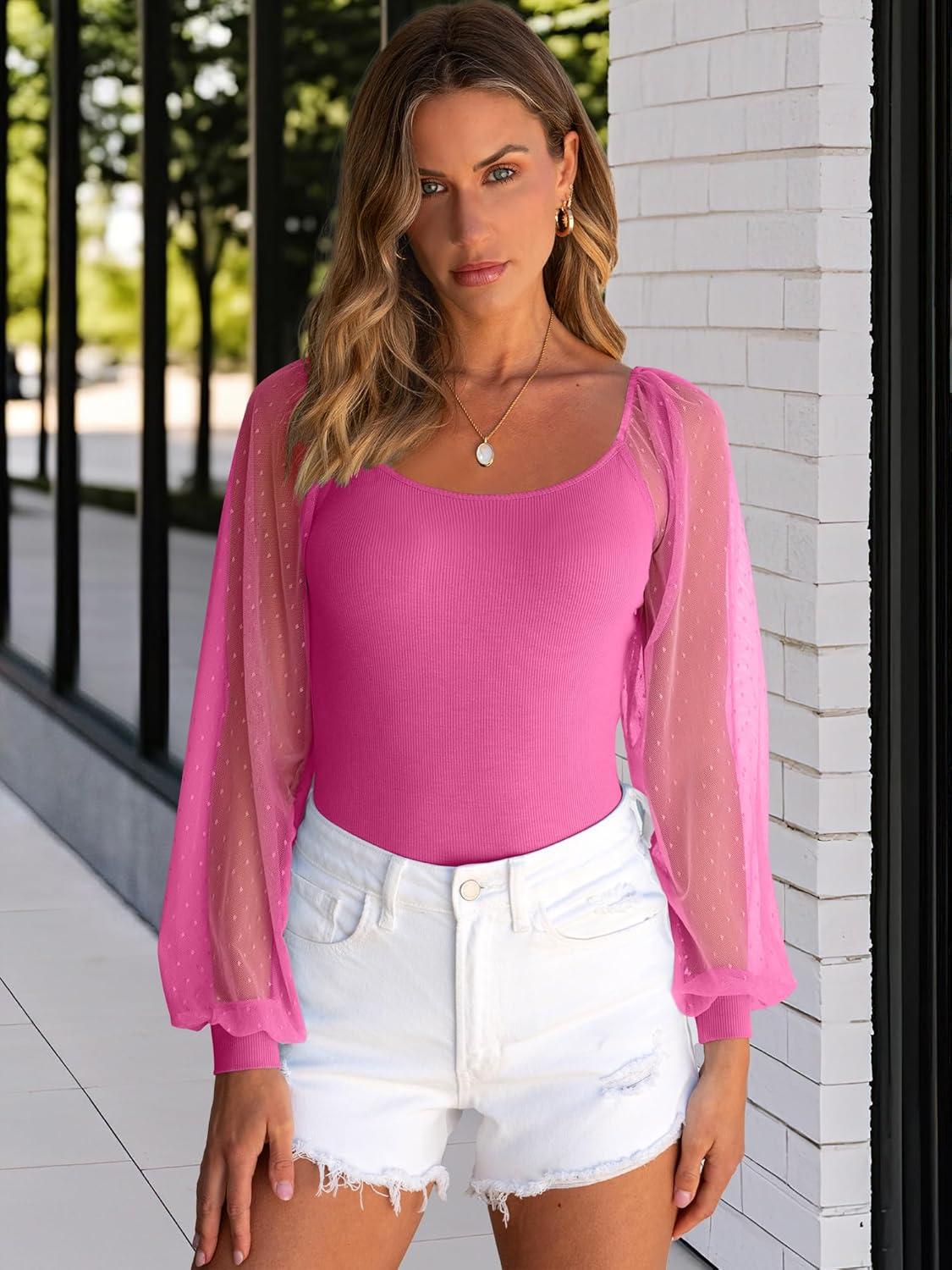 imageANRABESS Women Mesh Long Sleeve Shirts Dressy Casual Blouses Square Neck Ribbed Slim Tops Going Out Date Night Fall OutfitsHot Pink