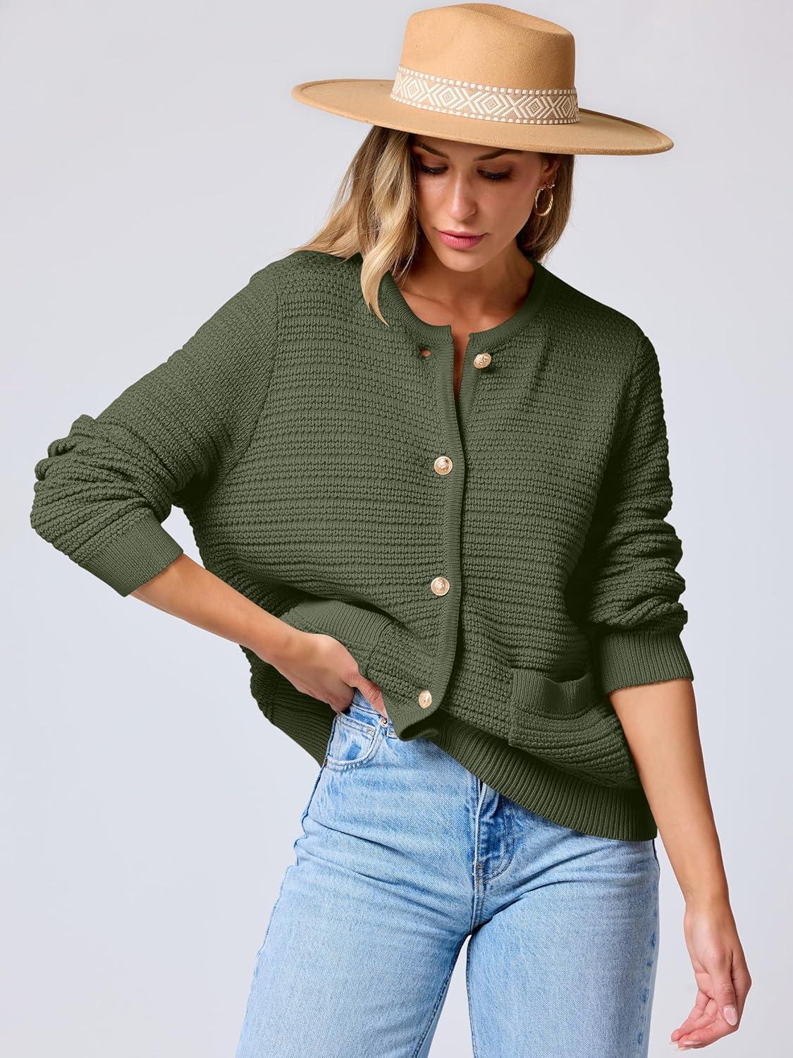 imageANRABESS Womens Cardigan Sweater Long Sleeve Button Down Lady Tweed Knit Jackets 2025 Fall OutfitsArmy Green