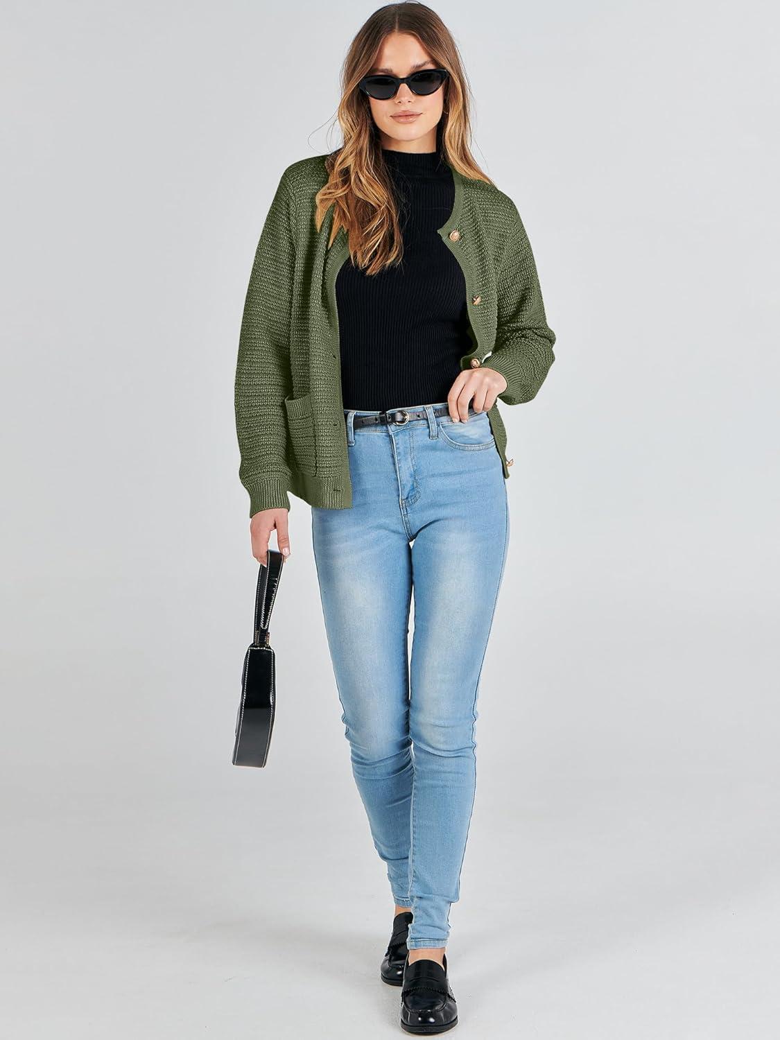 imageANRABESS Womens Cardigan Sweater Long Sleeve Button Down Lady Tweed Knit Jackets 2025 Fall OutfitsArmy Green