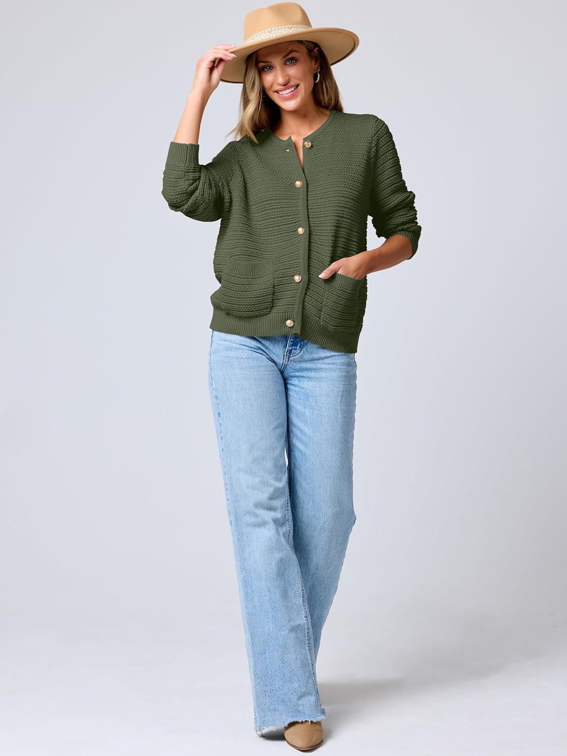 imageANRABESS Womens Cardigan Sweater Long Sleeve Button Down Lady Tweed Knit Jackets 2025 Fall OutfitsArmy Green