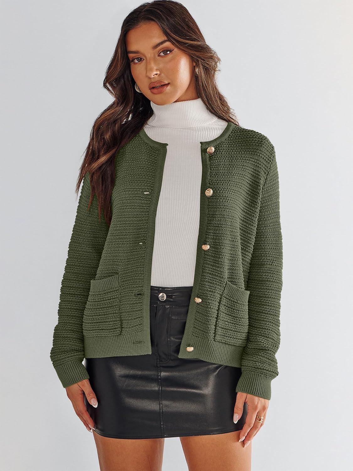 imageANRABESS Womens Cardigan Sweater Long Sleeve Button Down Lady Tweed Knit Jackets 2025 Fall OutfitsArmy Green