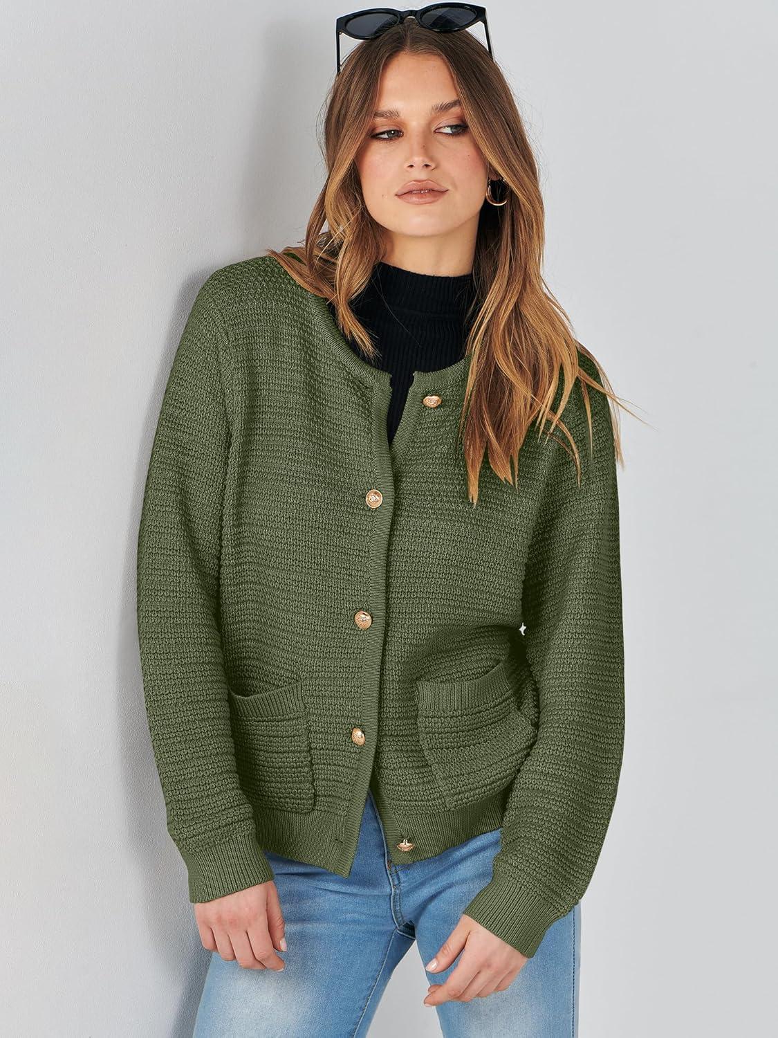 imageANRABESS Womens Cardigan Sweater Long Sleeve Button Down Lady Tweed Knit Jackets 2025 Fall OutfitsArmy Green
