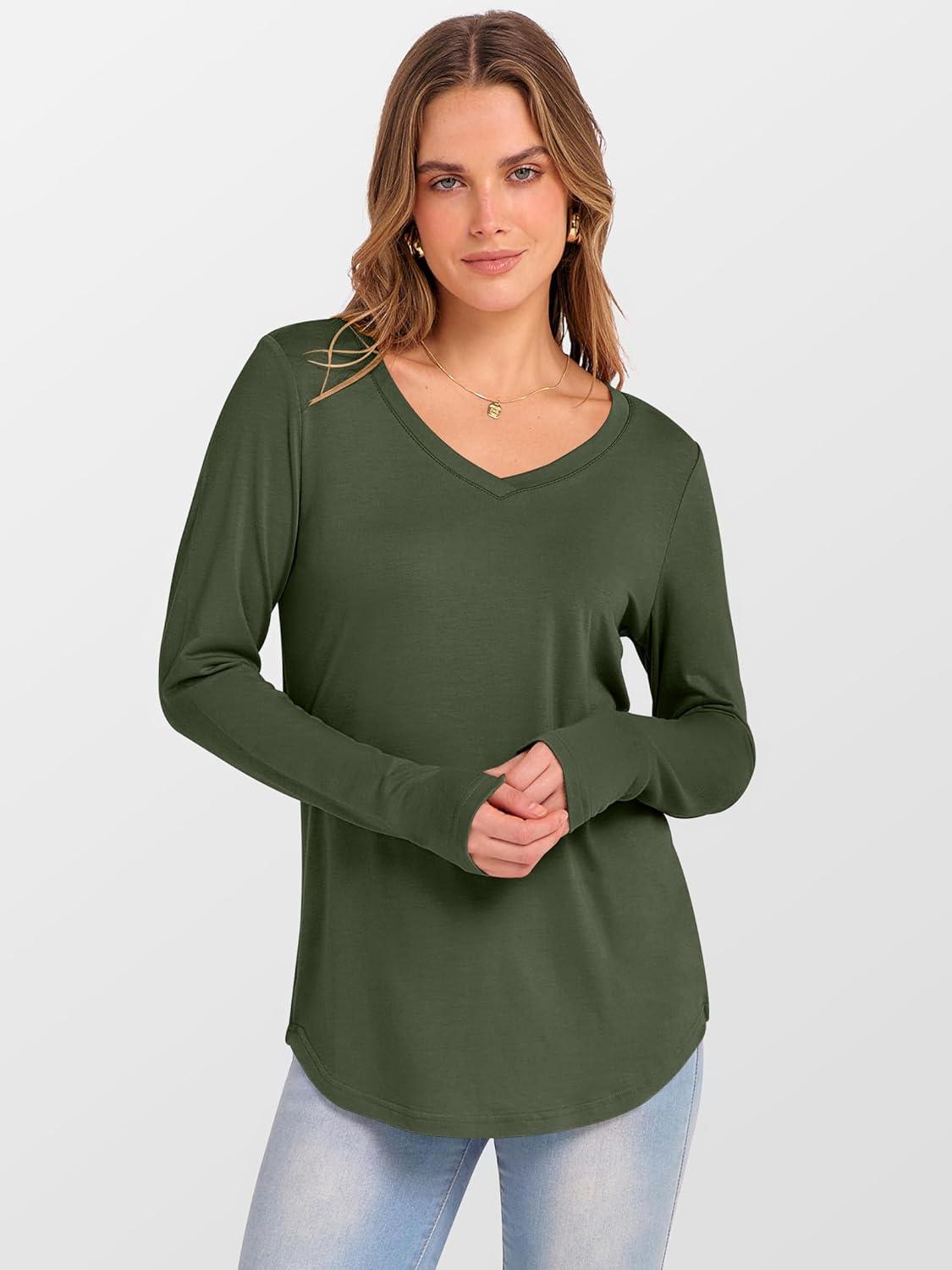 imageANRABESS Womens Long Sleeve Tunic Tops V Neck TShirts Casual Cute Basic Tee 2025 Fall Work Travel Loungewear OutfitsArmy Green