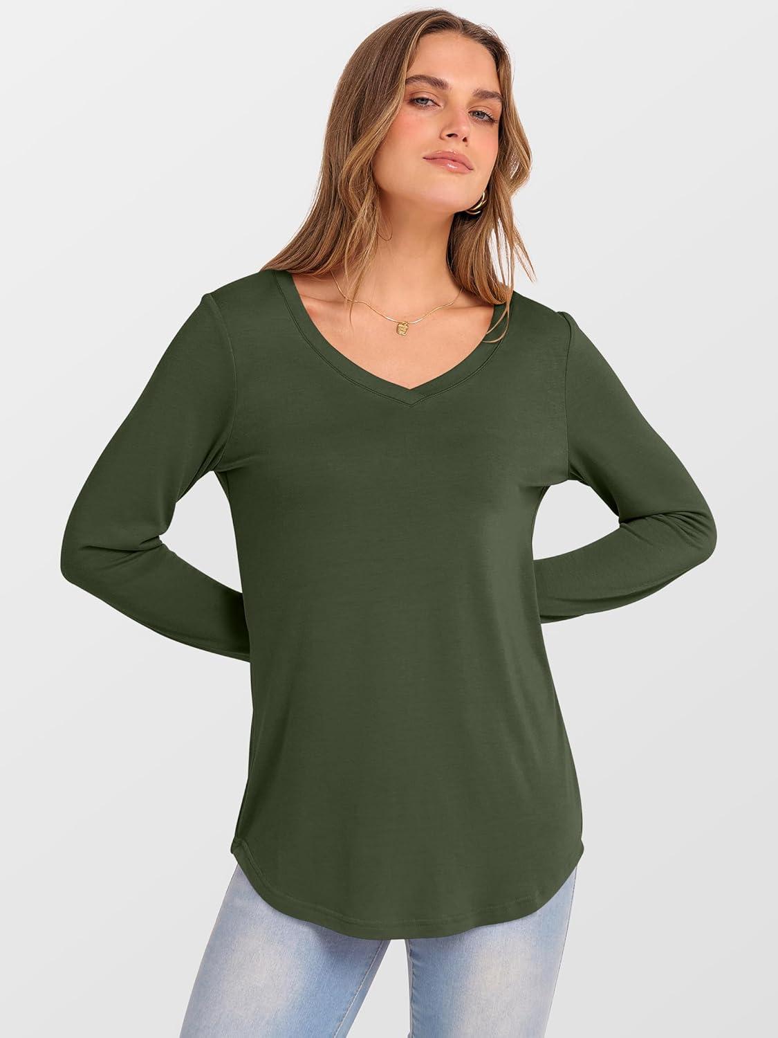 imageANRABESS Womens Long Sleeve Tunic Tops V Neck TShirts Casual Cute Basic Tee 2025 Fall Work Travel Loungewear OutfitsArmy Green