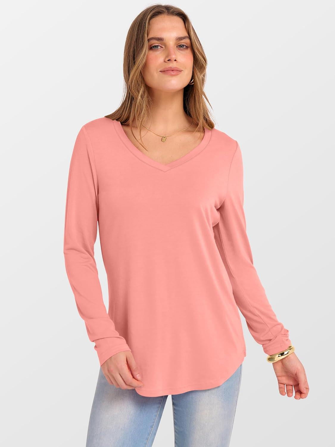imageANRABESS Womens Long Sleeve Tunic Tops V Neck TShirts Casual Cute Basic Tee 2025 Fall Work Travel Loungewear OutfitsCoral