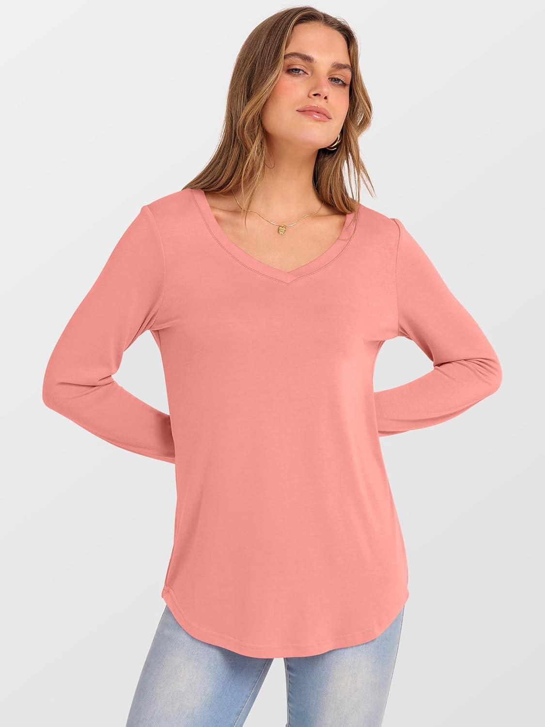 imageANRABESS Womens Long Sleeve Tunic Tops V Neck TShirts Casual Cute Basic Tee 2025 Fall Work Travel Loungewear OutfitsCoral