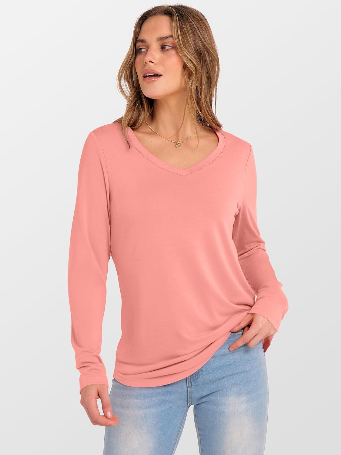 imageANRABESS Womens Long Sleeve Tunic Tops V Neck TShirts Casual Cute Basic Tee 2025 Fall Work Travel Loungewear OutfitsCoral