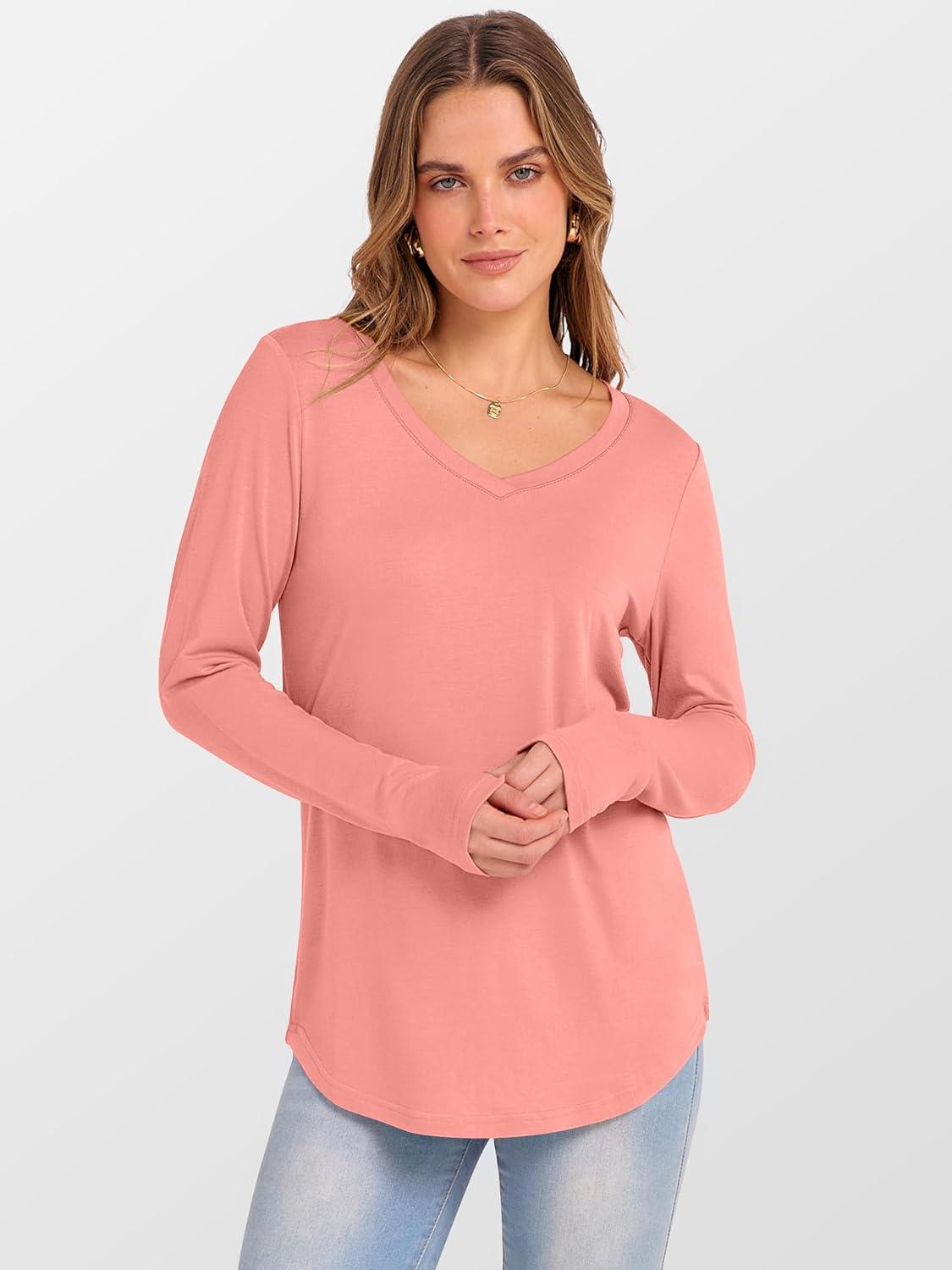 imageANRABESS Womens Long Sleeve Tunic Tops V Neck TShirts Casual Cute Basic Tee 2025 Fall Work Travel Loungewear OutfitsCoral