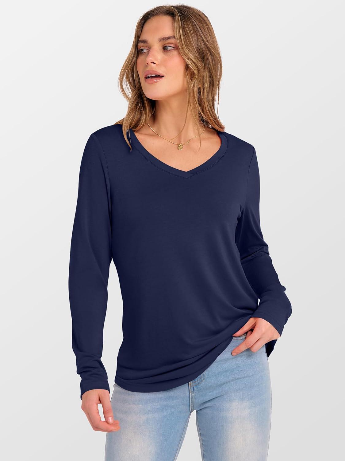 imageANRABESS Womens Long Sleeve Tunic Tops V Neck TShirts Casual Cute Basic Tee 2025 Fall Work Travel Loungewear OutfitsNavy Blue