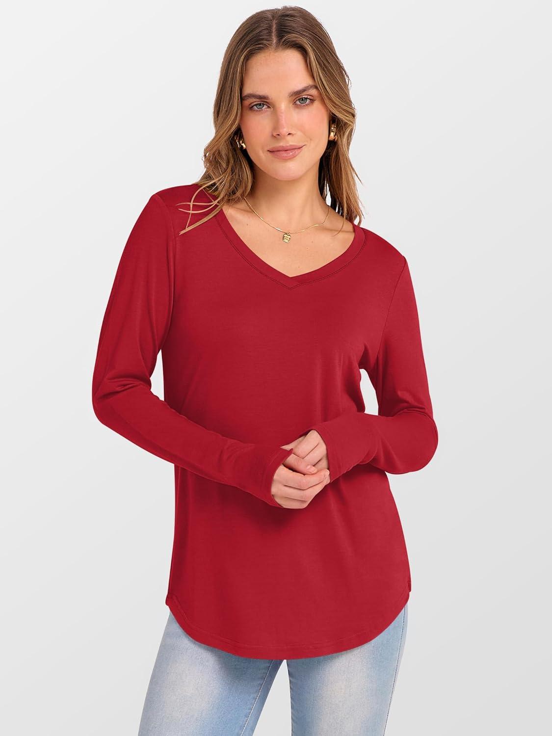 imageANRABESS Womens Long Sleeve Tunic Tops V Neck TShirts Casual Cute Basic Tee 2025 Fall Work Travel Loungewear OutfitsRed