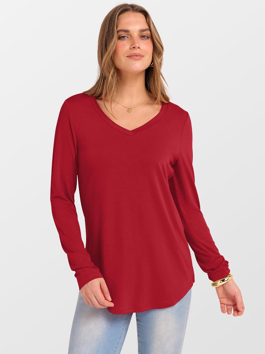 imageANRABESS Womens Long Sleeve Tunic Tops V Neck TShirts Casual Cute Basic Tee 2025 Fall Work Travel Loungewear OutfitsRed