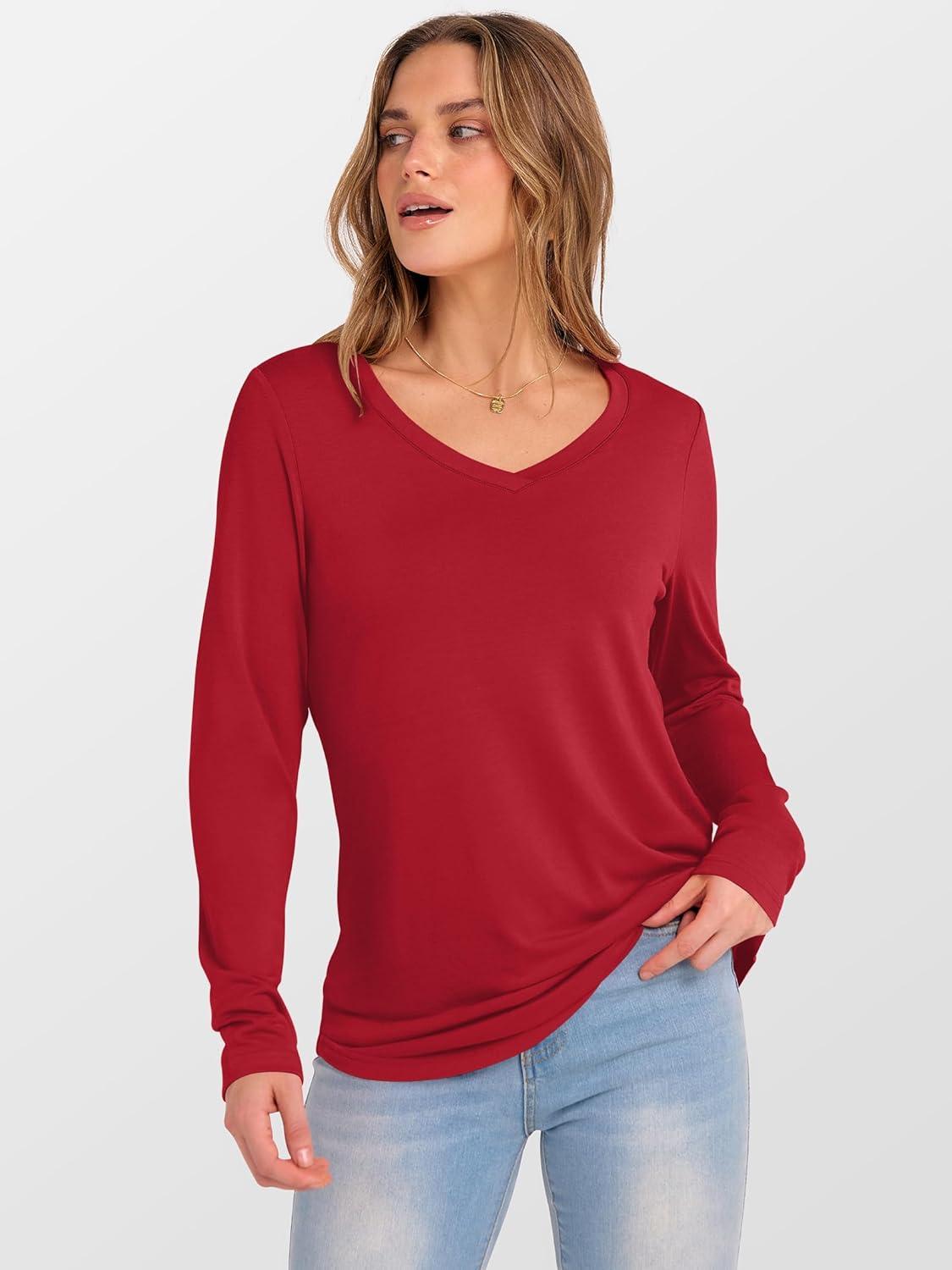 imageANRABESS Womens Long Sleeve Tunic Tops V Neck TShirts Casual Cute Basic Tee 2025 Fall Work Travel Loungewear OutfitsRed