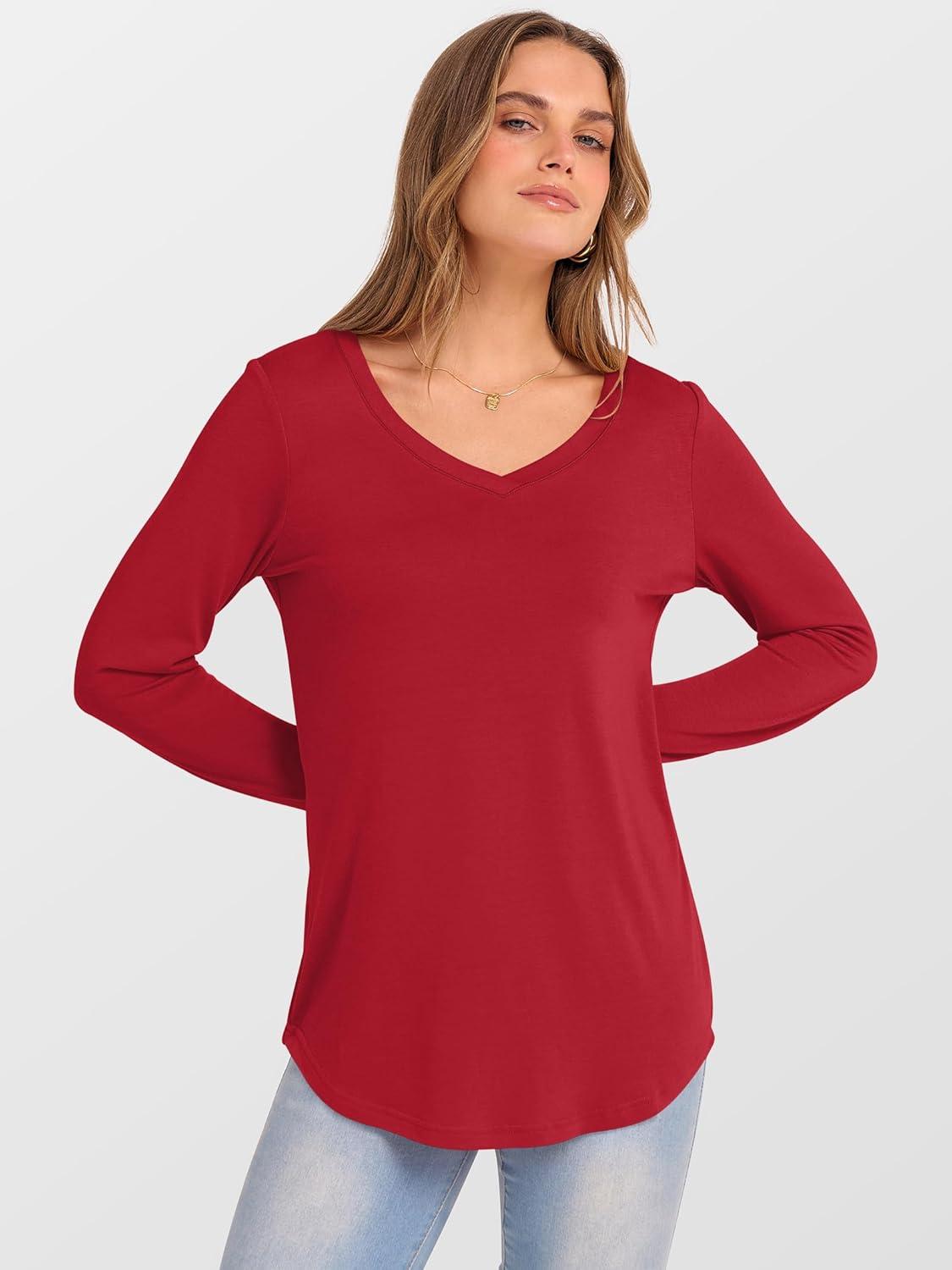 imageANRABESS Womens Long Sleeve Tunic Tops V Neck TShirts Casual Cute Basic Tee 2025 Fall Work Travel Loungewear OutfitsRed