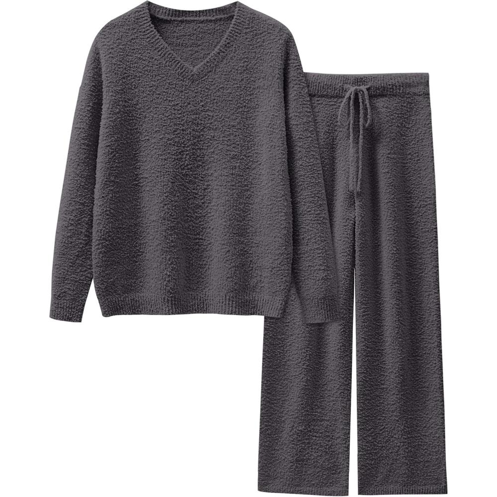 imageANRABESS Lounge Sets for Women Fuzzy Fleece Pajama Sets 2 Piece Outfits Cozy Sweater Matching Set 2025 Fall Winter LoungewearDeep Grey
