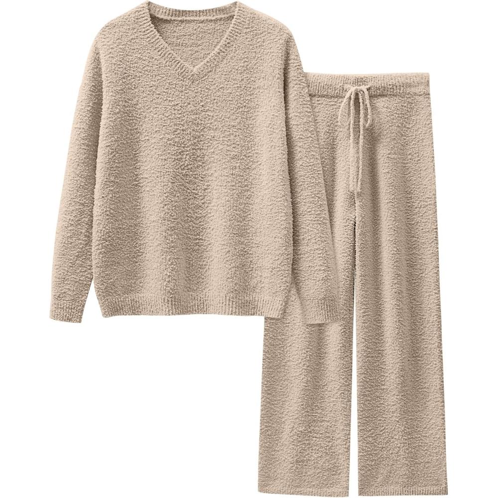 imageANRABESS Lounge Sets for Women Fuzzy Fleece Pajama Sets 2 Piece Outfits Cozy Sweater Matching Set 2025 Fall Winter LoungewearLight Khaki