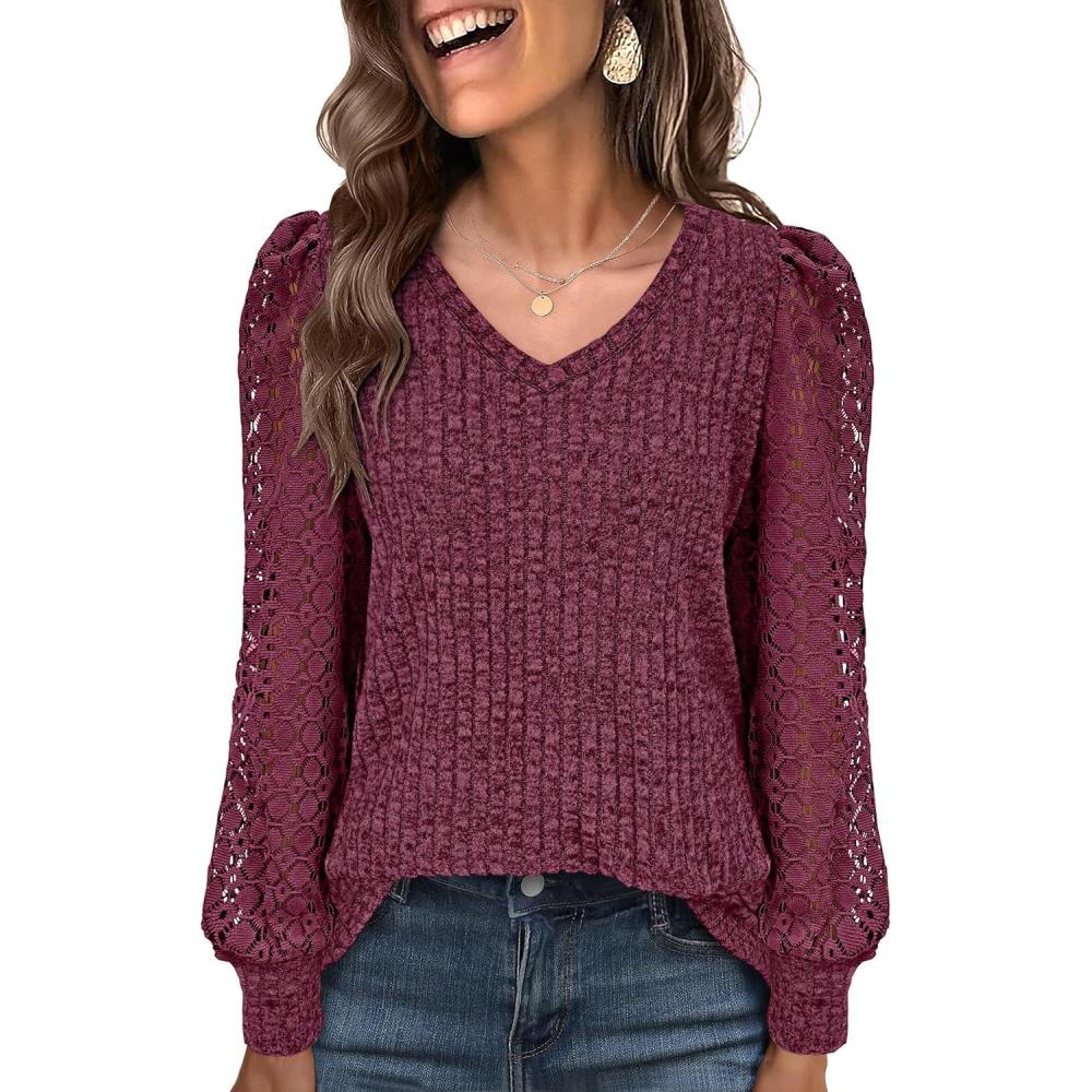 imageANRABESS Shirts for Women Lace Long Sleeve V Neck Tunic Tops Casual Loose Fit Blouses Lightweight Sweaters 2025 Fall ClothesBurgundy