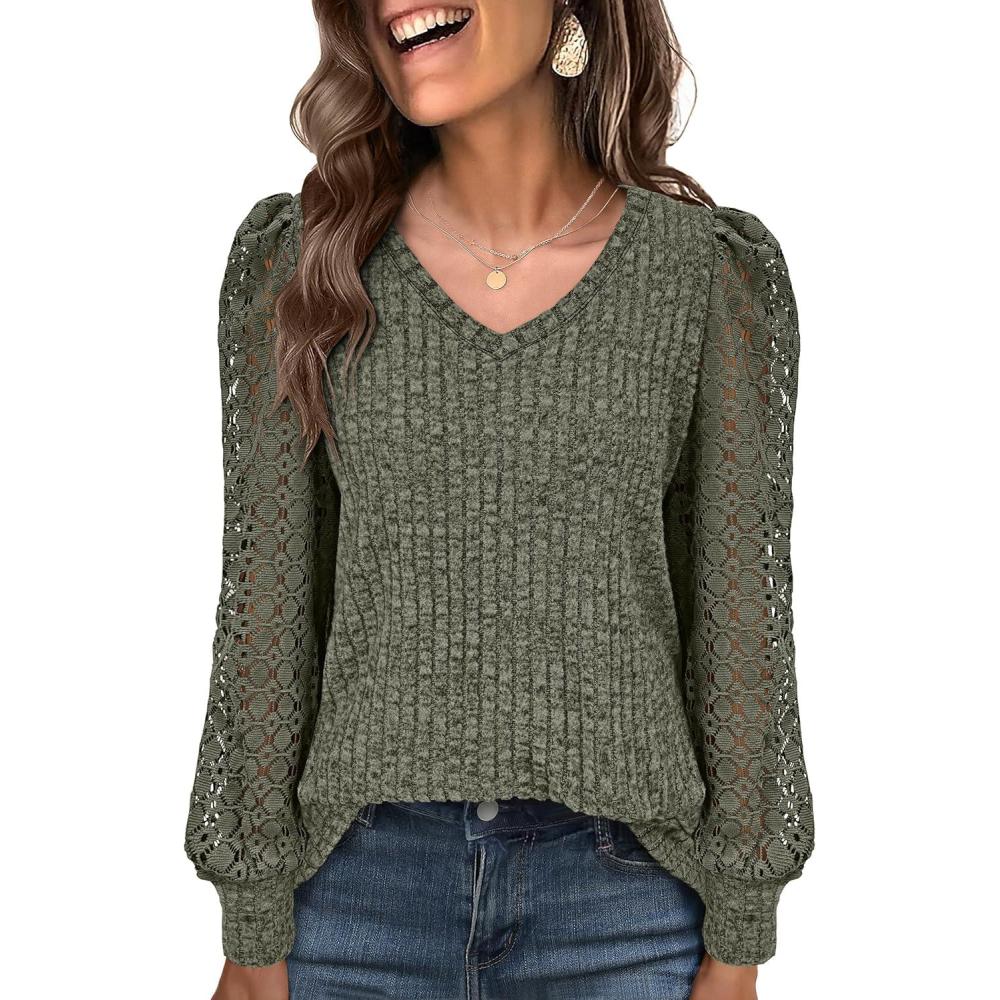 imageANRABESS Shirts for Women Lace Long Sleeve V Neck Tunic Tops Casual Loose Fit Blouses Lightweight Sweaters 2025 Fall ClothesDeep Green