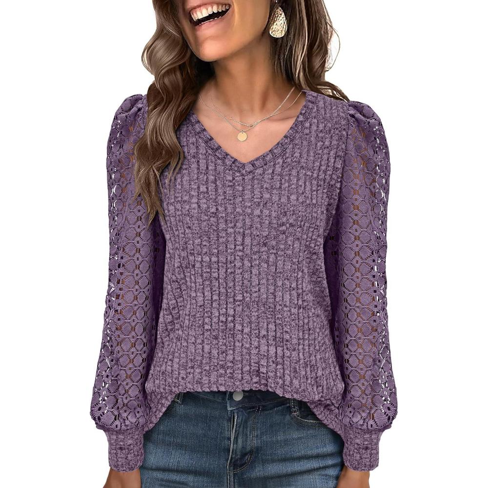 imageANRABESS Shirts for Women Lace Long Sleeve V Neck Tunic Tops Casual Loose Fit Blouses Lightweight Sweaters 2025 Fall ClothesPurple