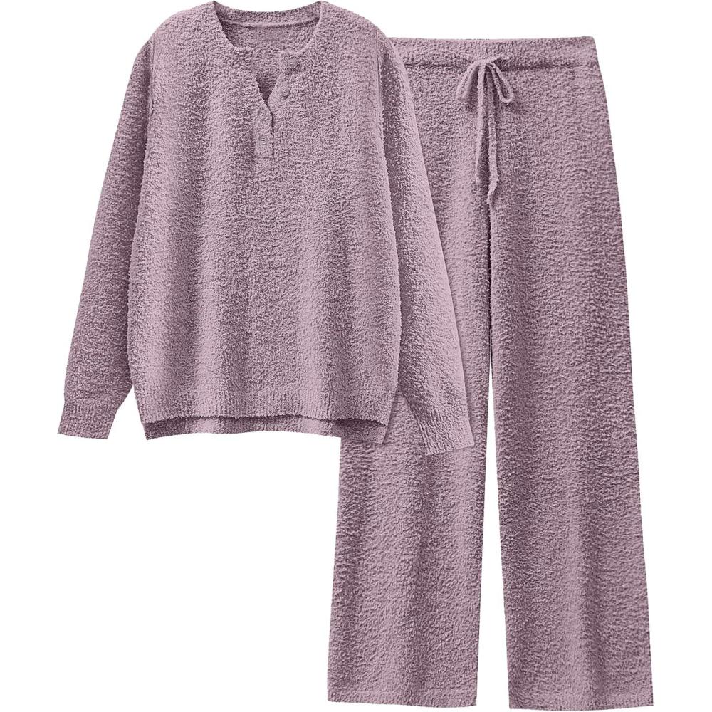 imageANRABESS Womens Pajama Fuzzy Fleece 2 Piece Long Sleeve Top Wide Leg Pants Lounge Matching Pj Sets 2025 Fall Winter OutfitsPurple