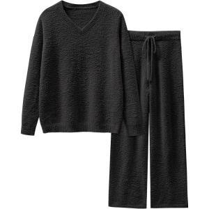 ANRABESS Lounge Sets for Women Fuzzy Fleece Pajama Sets 2 Piece Outfits Cozy Sweater Matching Set 2025 Fall Winter Loungewear(Black)