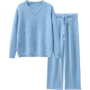 ANRABESS Lounge Sets for Women Fuzzy Fleece Pajama Sets 2 Piece Outfits Cozy Sweater Matching Set 2025 Fall Winter Loungewear(Blue)