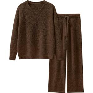 ANRABESS Lounge Sets for Women Fuzzy Fleece Pajama Sets 2 Piece Outfits Cozy Sweater Matching Set 2025 Fall Winter Loungewear(Brown)
