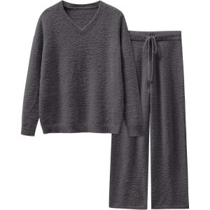 ANRABESS Lounge Sets for Women Fuzzy Fleece Pajama Sets 2 Piece Outfits Cozy Sweater Matching Set 2025 Fall Winter Loungewear(Deep Grey)