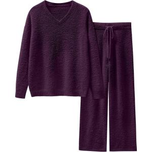 ANRABESS Lounge Sets for Women Fuzzy Fleece Pajama Sets 2 Piece Outfits Cozy Sweater Matching Set 2025 Fall Winter Loungewear(Deep Viole)