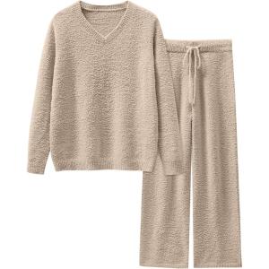 ANRABESS Lounge Sets for Women Fuzzy Fleece Pajama Sets 2 Piece Outfits Cozy Sweater Matching Set 2025 Fall Winter Loungewear(Light Khaki)