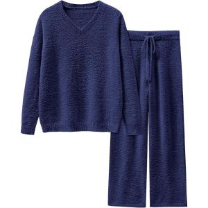 ANRABESS Lounge Sets for Women Fuzzy Fleece Pajama Sets 2 Piece Outfits Cozy Sweater Matching Set 2025 Fall Winter Loungewear(Navy Blue)