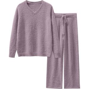 ANRABESS Lounge Sets for Women Fuzzy Fleece Pajama Sets 2 Piece Outfits Cozy Sweater Matching Set 2025 Fall Winter Loungewear(Purple)