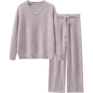ANRABESS Lounge Sets for Women Fuzzy Fleece Pajama Sets 2 Piece Outfits Cozy Sweater Matching Set 2025 Fall Winter Loungewear(Silver Grey)